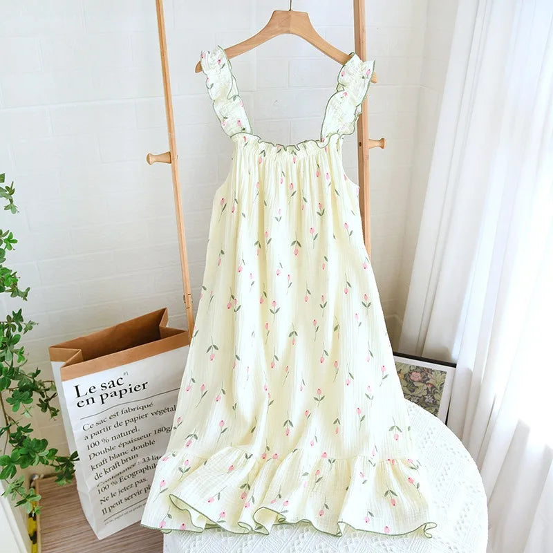 New 100% Cotton Crepe Floral Print Pajamas Nightdress Ladies Suspender Comfortable Sweat Absorption Loose Nightwear Women