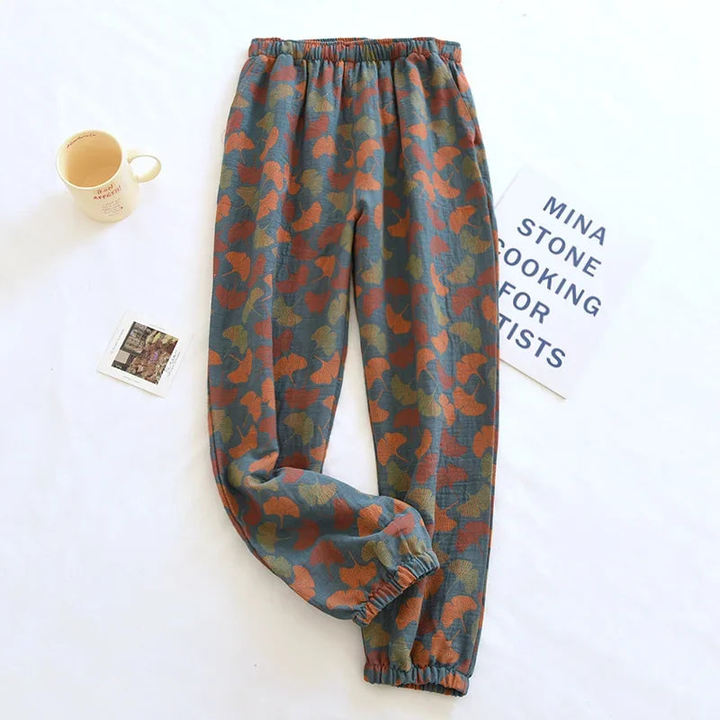 Spring Summer Women's Pajamas 100% Cotton Crepe Pants Women's Comfortable Loose Large Leaf Home Pants Thin bottoms