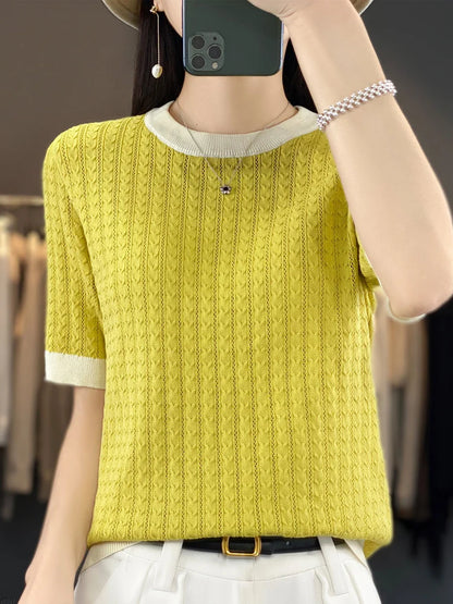 Summer New Women Cool Silk Short-sleeved Tees O-Neck Fashion Color Matching Twists T-shirt Loose Half-sleeved All-match Top