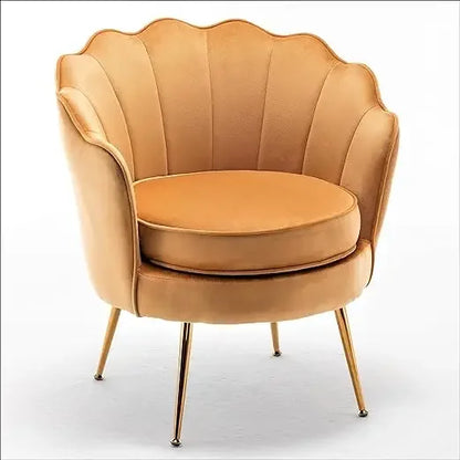 Velvet Barrel Accent Chair with Scalloped Silhouette and Gold Metal Legs, Decorative Piece Suitable for Traditional, Modern