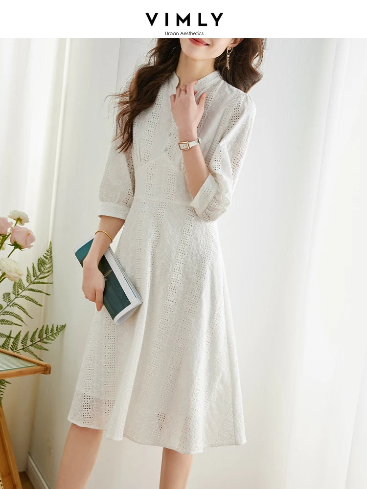 Vimly 100% Cotton Embroidery White Dress Women Spring Korean Fashion Elegant A Line Fitted Dresses Womans Clothing V8063