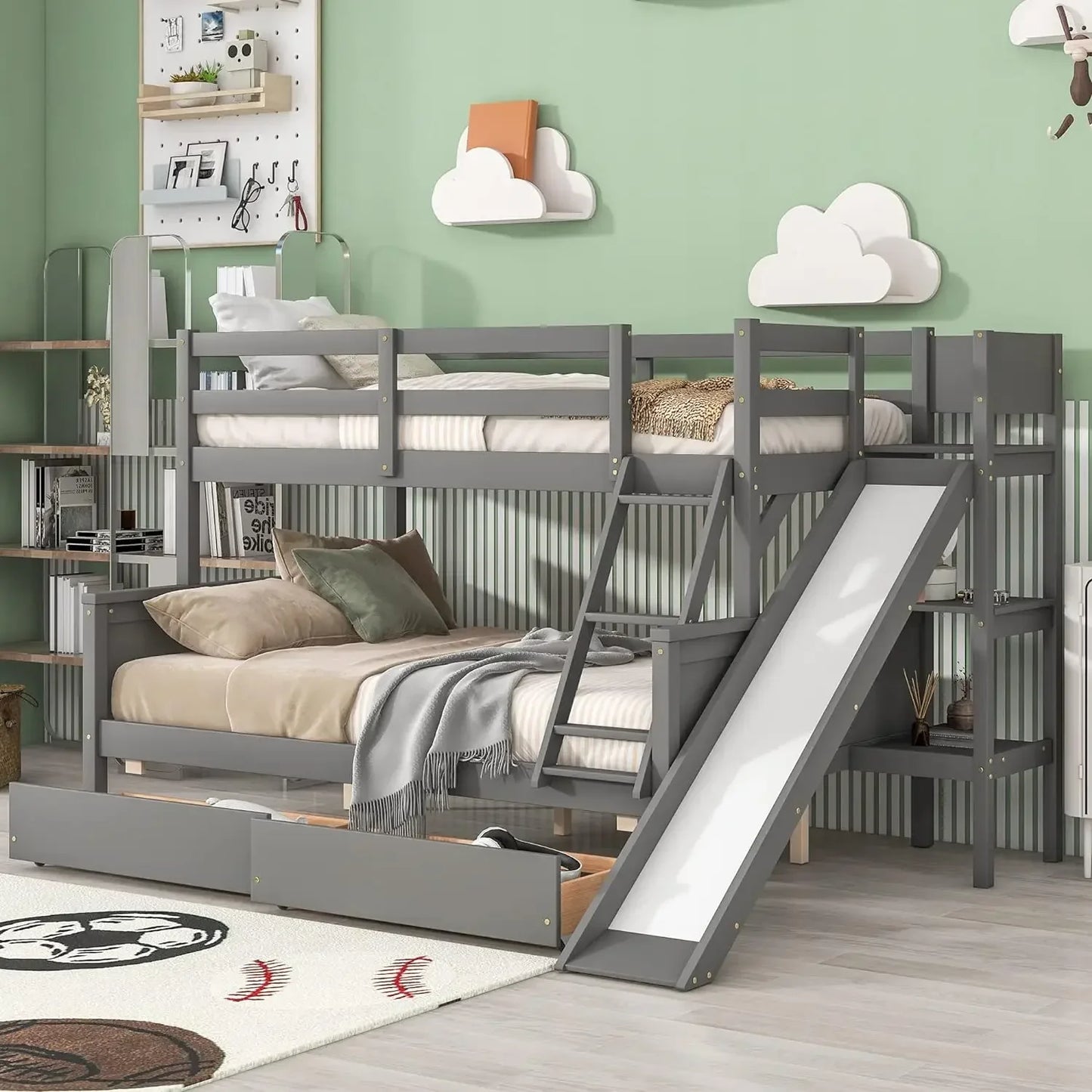 Convertible Wood Twin-Over-Twin Bunk Bed with Storage Drawers and Ladder - Can Be Divided Into Two Daybeds White Beds