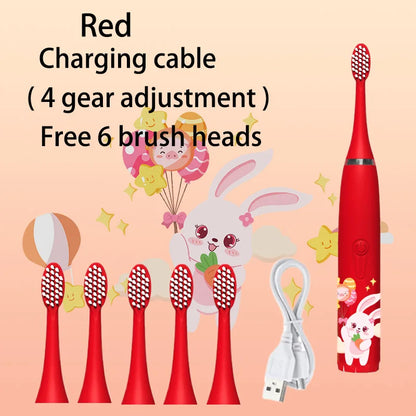 Child's USB Sonic Electric Toothbrush Rechargeable Colorful Cartoon Brush Kids Automatic IPX7 Waterproof With Replacement Heads