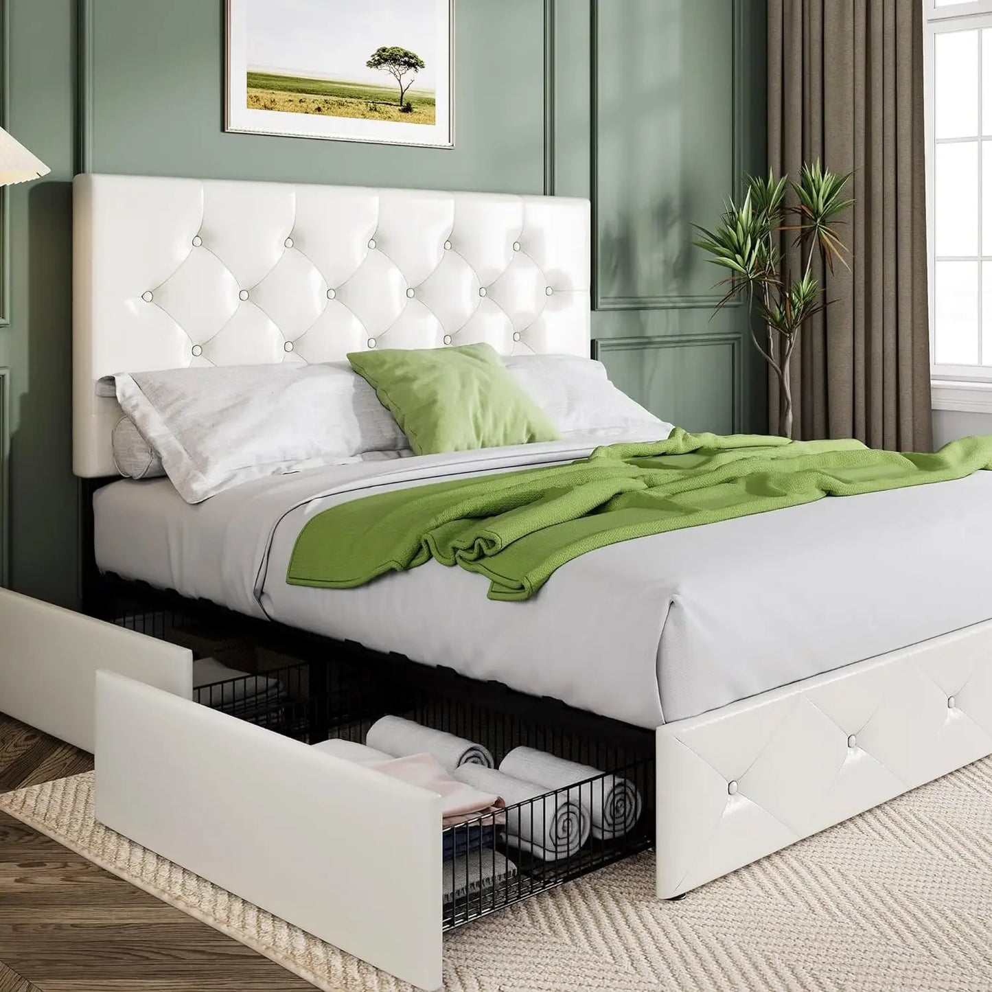 Bed Frame Upholstered Full-size Platform Beds Frames With 4 Storage Drawers And Headboard With Mattress Black Bed Frame