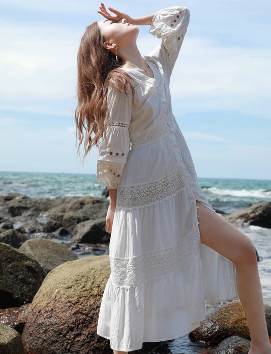 100% Cotton White Lace Dresses Women Vintage V-neck Puff Sleeve Long Dress Summer High Quality Casual Boho Beach Wear Vestidos