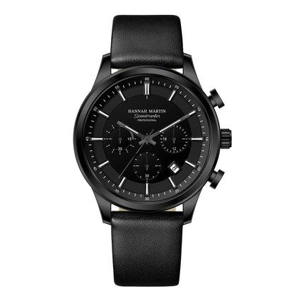 Hannah Martin Brand Men Watch Multifunctional Timing Dial Casual Sports Leather Original Quartz Movement Business Watch for Men