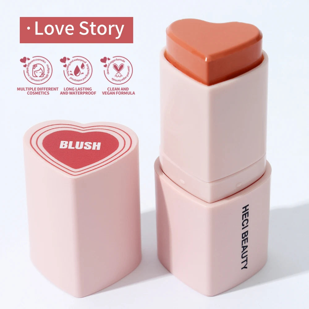 Heart Shape Vegan Creamy Blush Stick Matte Silky Waterproof Pink Blush Cream Makeup Stick High Pigment 3in1 Lip Eye Cheek Tint