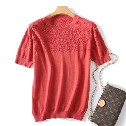 New Summer Fashion 100% Cotton Women Sweater T-shirt Short-sleeve Ladies O-Neck Pullover Casual Knitted Hollowed Out Tops