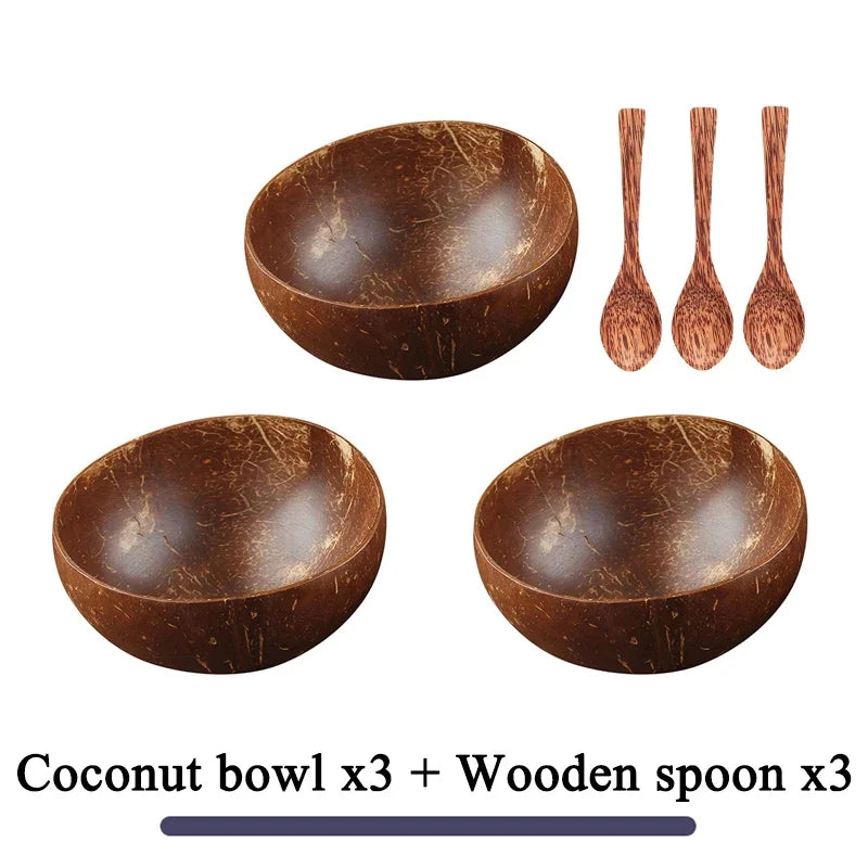 Women 12-15cm Natural Coconut Bowl Dinner Set Handmade Wooden Tableware Wood Spoon Dessert Fruit Salad Mixing Rice Ramen Bowl