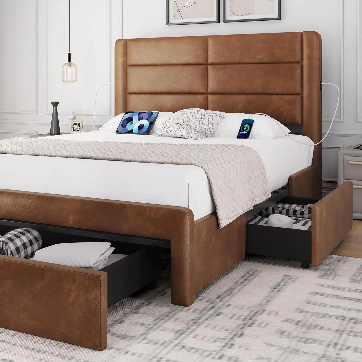 No Box Spring Needed Platform Bed Bases & Frames Leather Upholstered Headboard 3 Storage Drawers Bed Foundation Frame Black Home