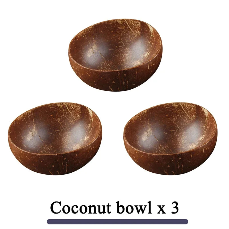 Women 12-15cm Natural Coconut Bowl Dinner Set Handmade Wooden Tableware Wood Spoon Dessert Fruit Salad Mixing Rice Ramen Bowl