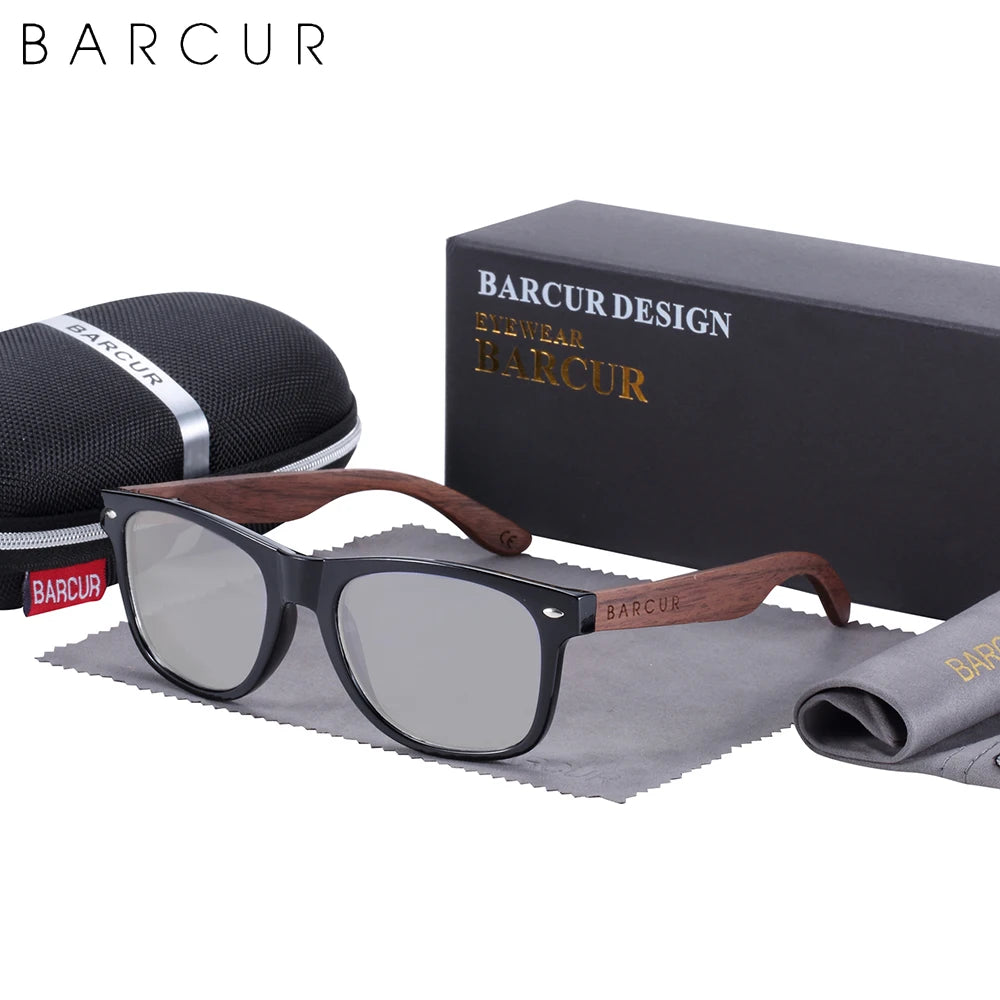 BARCUR Black Walnut Sunglasses Wood Polarized Sunglasses Men Glasses Men UV400 Protection Eyewear Wooden Original Box