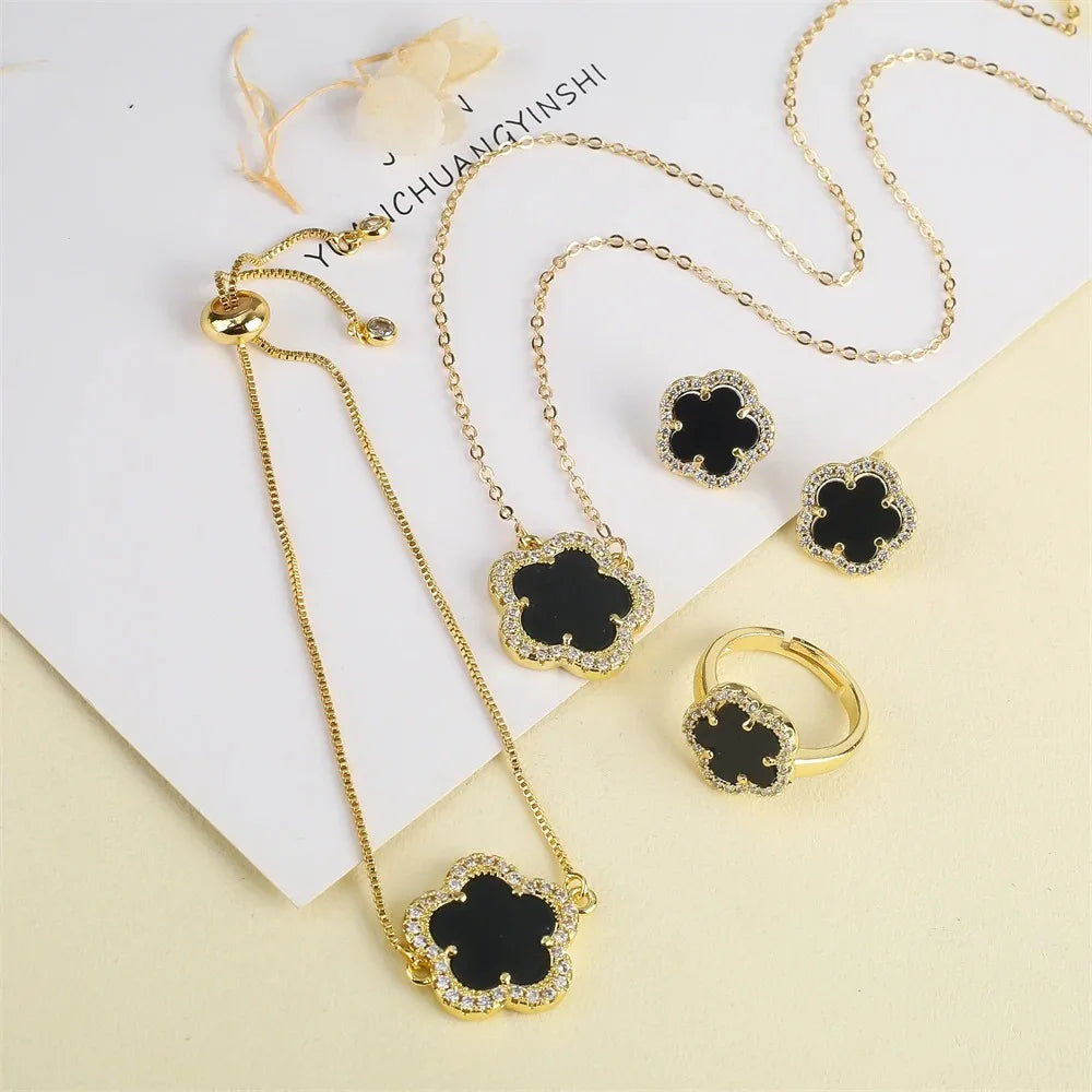 Natural stone zirconia clover jewelry collection classic five-leaf flower bracelet necklace ring earrings for women gift wholesa