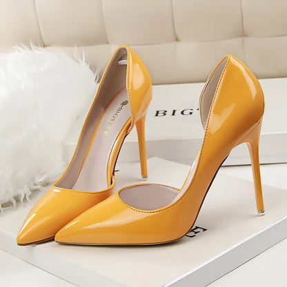 Women 7.5cm 10.5cm High Heels Yellow Pumps Office Sexy Stiletto Wedding Bridal Scarpins Short Heels Lady Sexy Hollow Party Shoes