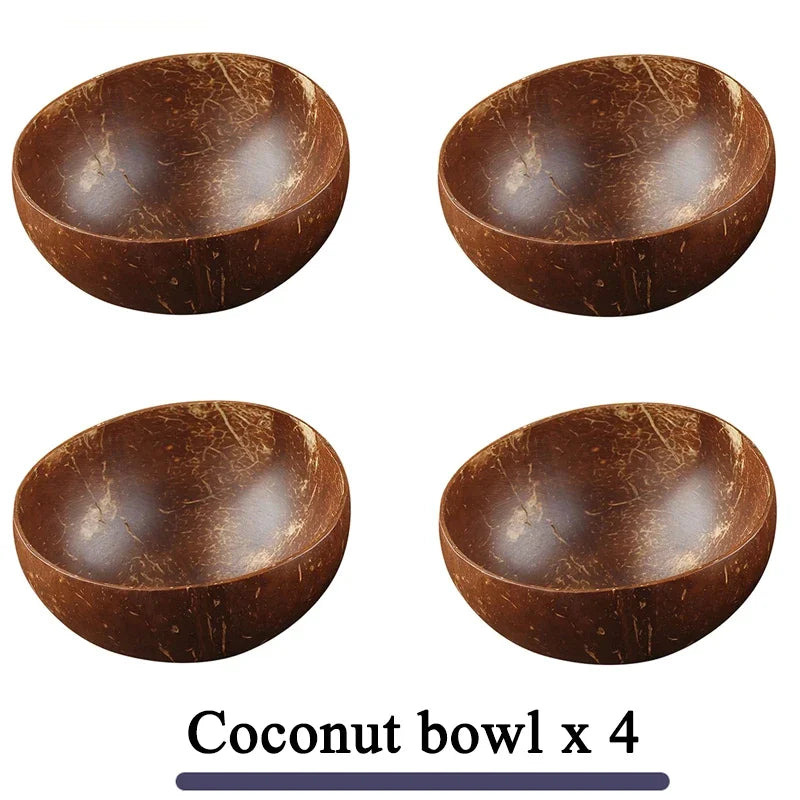 Women 12-15cm Natural Coconut Bowl Dinner Set Handmade Wooden Tableware Wood Spoon Dessert Fruit Salad Mixing Rice Ramen Bowl