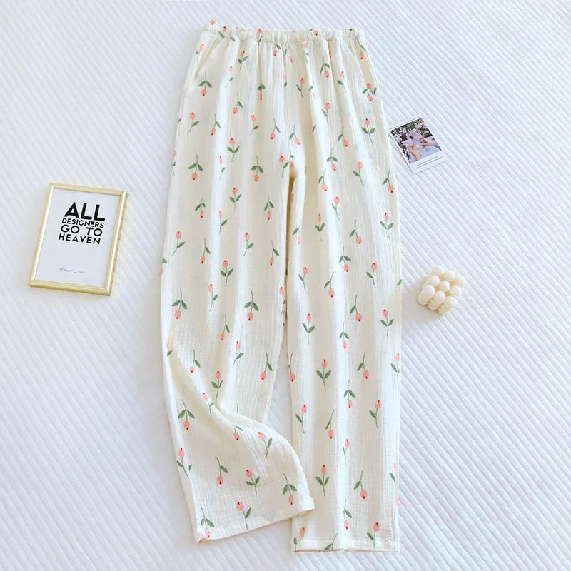 Japanese Spring/Summer New Women's Pajama Pants 100% Cotton Crepe Pants Sweet and Cute Pajama Ladies Loose Home Pants