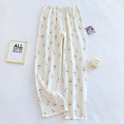 Japanese Spring/Summer New Women's Pajama Pants 100% Cotton Crepe Pants Sweet and Cute Pajama Ladies Loose Home Pants