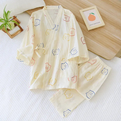 Seven-sleeve Japanese-style kimono pajamas set female spring and autumn 100% cotton gauze home clothes cute sweet two-p