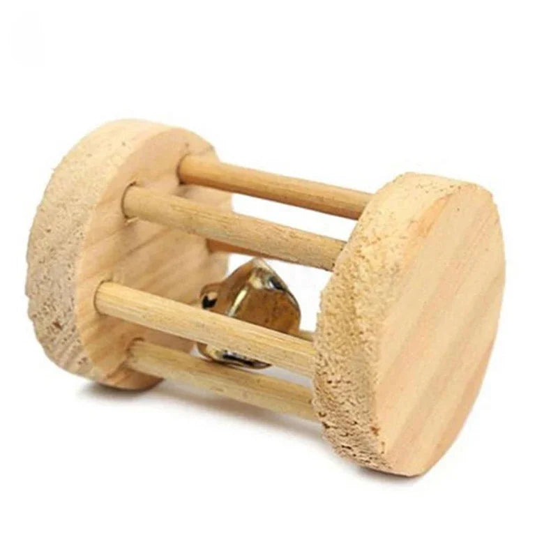 Cute Rabbit Roller Toys Natural Wooden Pine Dumbells Unicycle Bell Chew Toys for Guinea Pigs Rat Small Pet Molars Supplies