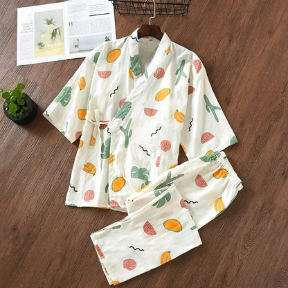 Seven-sleeve Japanese-style kimono pajamas set female spring and autumn 100% cotton gauze home clothes cute sweet two-p