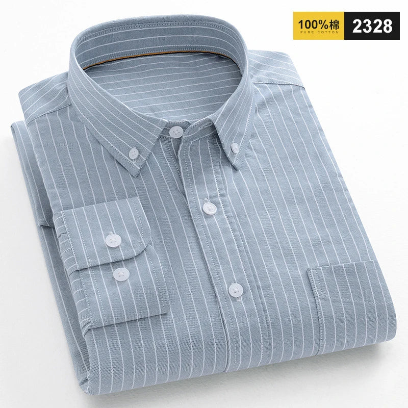 100% Cotton Oxford Shirts For Men's Long Sleeve Casual Pocket Regular-Fit Button-Down Work Formal Social Shirt Men Clothing