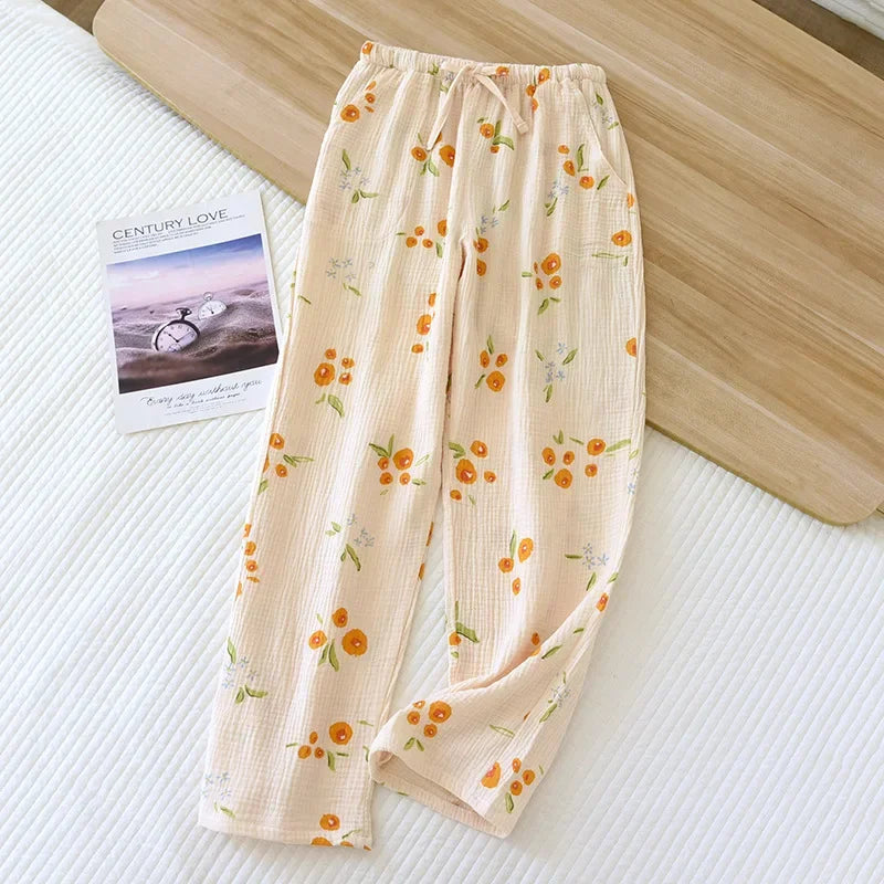 Japanese Spring/Summer New Women's Pajama Pants 100% Cotton Crepe Pants Sweet and Cute Pajama Ladies Loose Home Pants