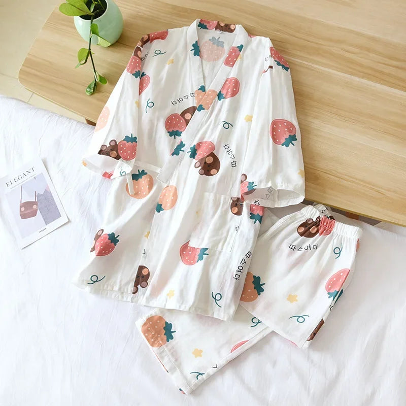 Seven-sleeve Japanese-style kimono pajamas set female spring and autumn 100% cotton gauze home clothes cute sweet two-p