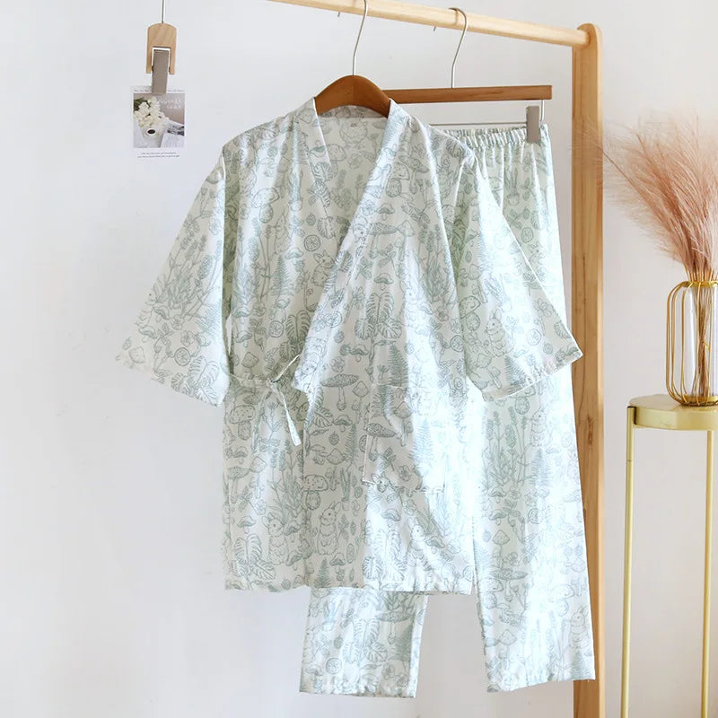 Seven-sleeve Japanese-style kimono pajamas set female spring and autumn 100% cotton gauze home clothes cute sweet two-p