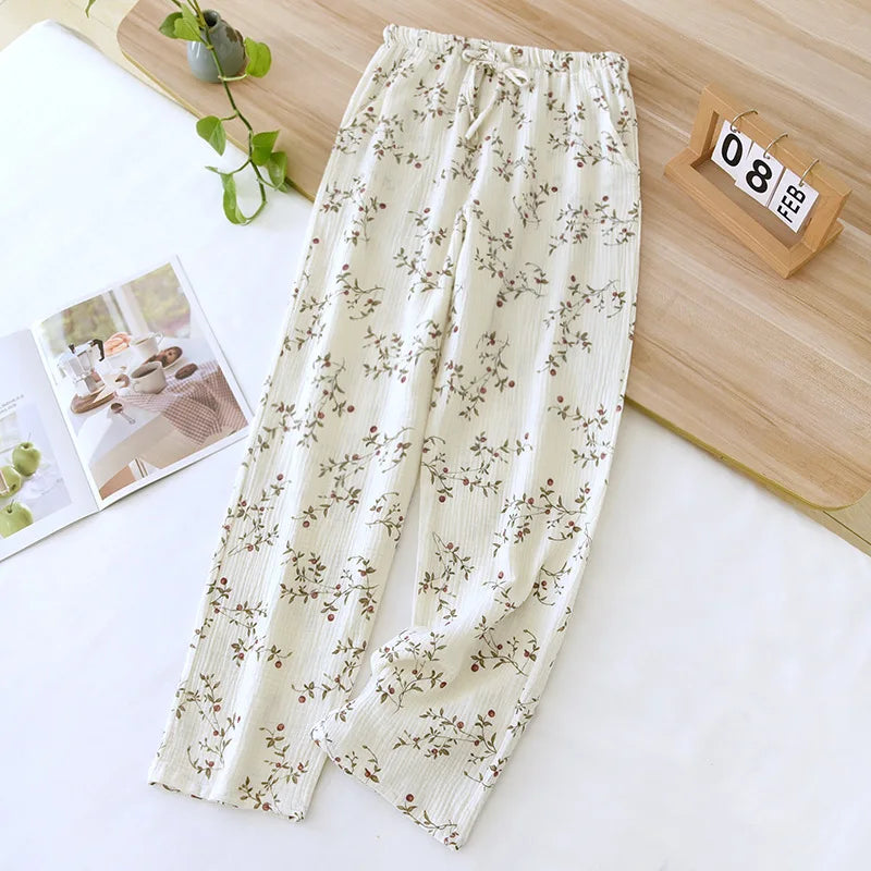 Japanese Spring/Summer New Women's Pajama Pants 100% Cotton Crepe Pants Sweet and Cute Pajama Ladies Loose Home Pants