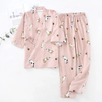 Seven-sleeve Japanese-style kimono pajamas set female spring and autumn 100% cotton gauze home clothes cute sweet two-p