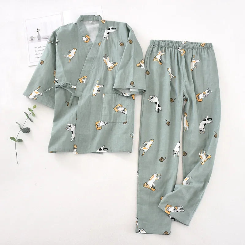 Seven-sleeve Japanese-style kimono pajamas set female spring and autumn 100% cotton gauze home clothes cute sweet two-p