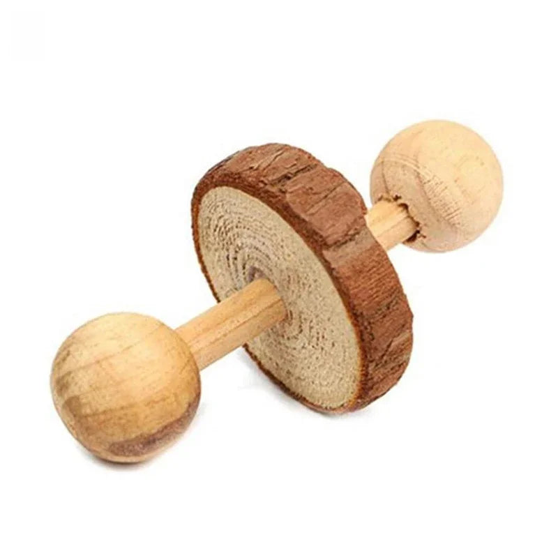 Cute Rabbit Roller Toys Natural Wooden Pine Dumbells Unicycle Bell Chew Toys for Guinea Pigs Rat Small Pet Molars Supplies