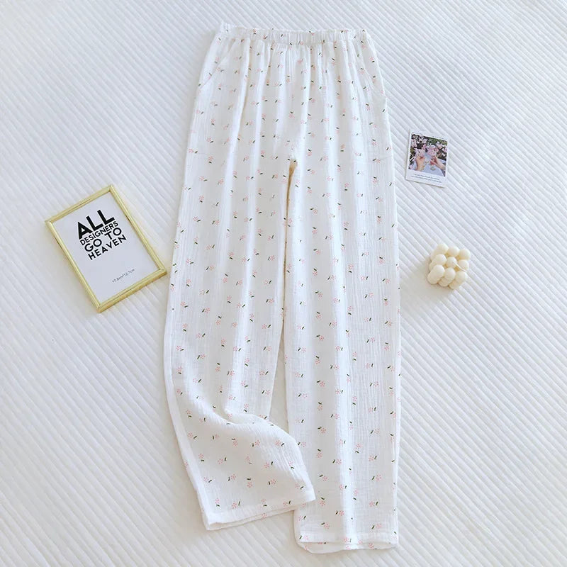 Japanese Spring/Summer New Women's Pajama Pants 100% Cotton Crepe Pants Sweet and Cute Pajama Ladies Loose Home Pants