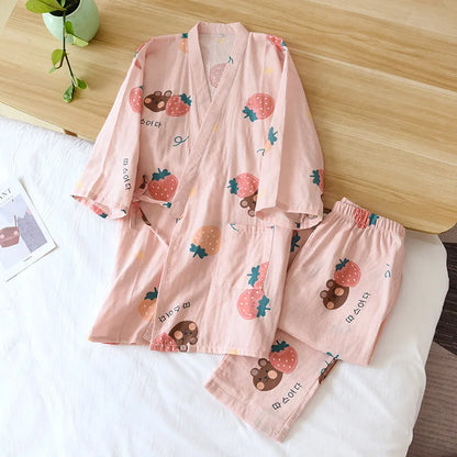 Seven-sleeve Japanese-style kimono pajamas set female spring and autumn 100% cotton gauze home clothes cute sweet two-p