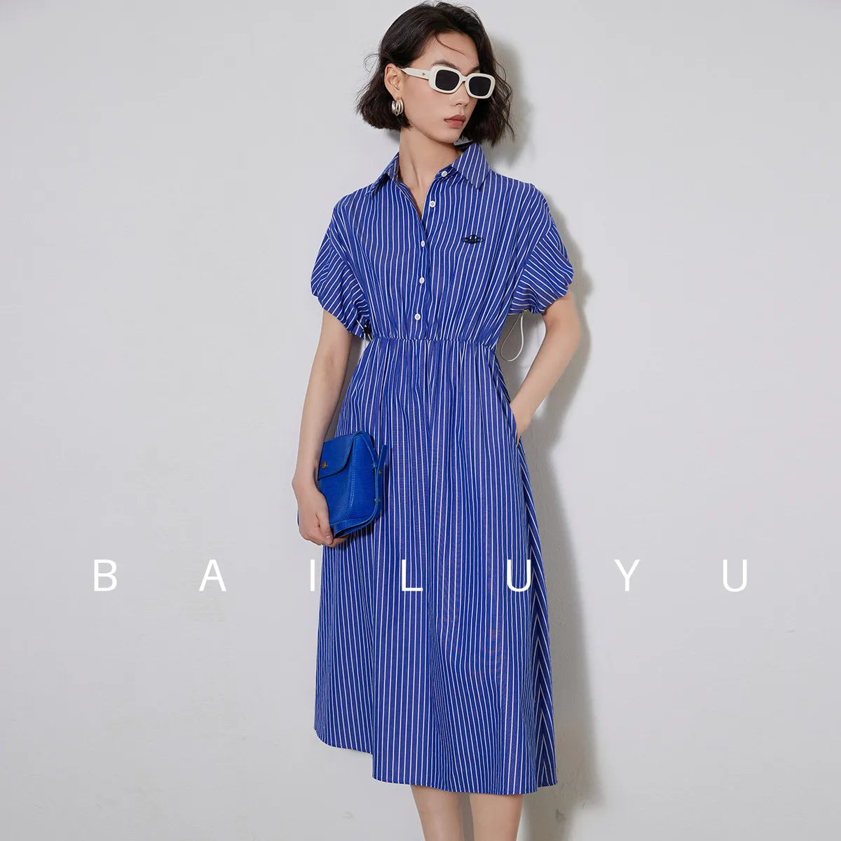 LOUIS YAO Women Shirt Style 100% Cotton Dress Summer Striped Casual Dress French Style A-line Short Sleeve Long Dress