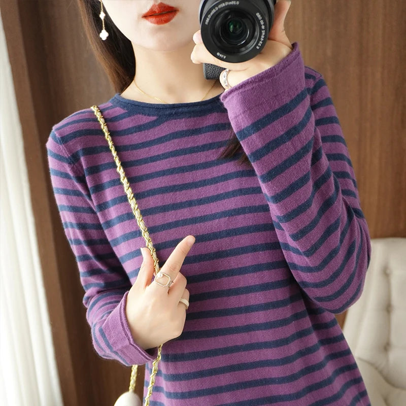 Women 100% Cotton Sweater Curled O-neck Strip Pullover Autumn Winter Casual Knit Clothing Fashion Soft Bottoming Sweater Tops