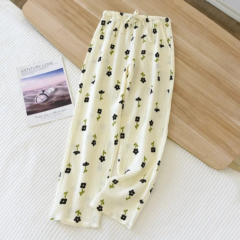 Japanese Spring/Summer New Women's Pajama Pants 100% Cotton Crepe Pants Sweet and Cute Pajama Ladies Loose Home Pants