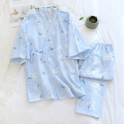 Seven-sleeve Japanese-style kimono pajamas set female spring and autumn 100% cotton gauze home clothes cute sweet two-p