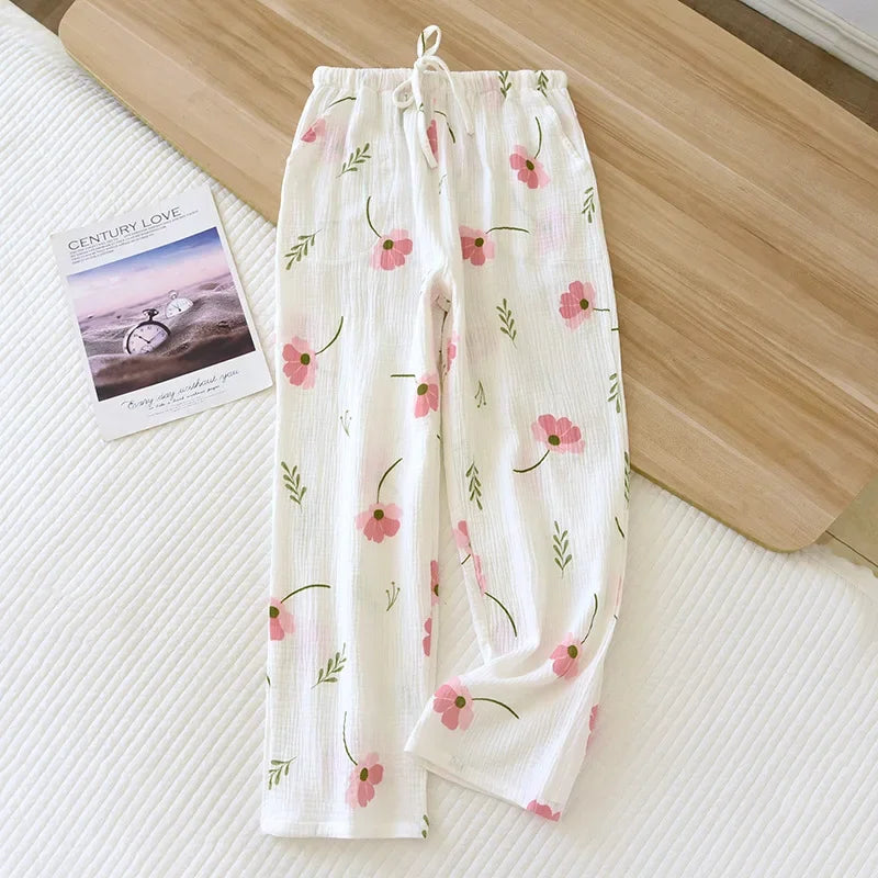 Japanese Spring/Summer New Women's Pajama Pants 100% Cotton Crepe Pants Sweet and Cute Pajama Ladies Loose Home Pants