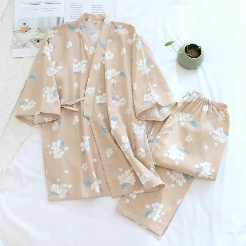 Seven-sleeve Japanese-style kimono pajamas set female spring and autumn 100% cotton gauze home clothes cute sweet two-p