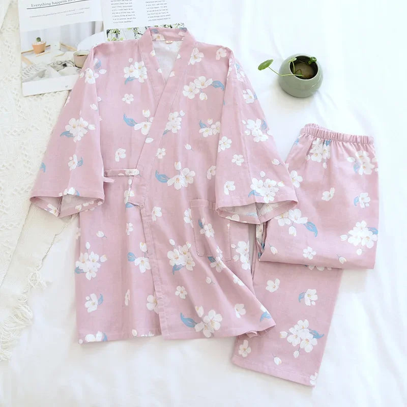 Seven-sleeve Japanese-style kimono pajamas set female spring and autumn 100% cotton gauze home clothes cute sweet two-p