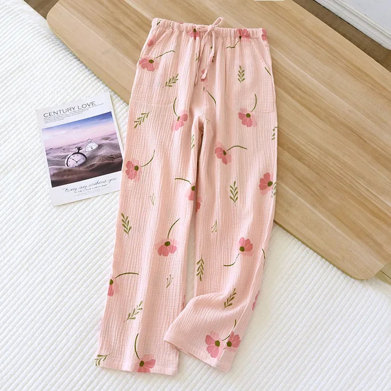 Japanese Spring/Summer New Women's Pajama Pants 100% Cotton Crepe Pants Sweet and Cute Pajama Ladies Loose Home Pants