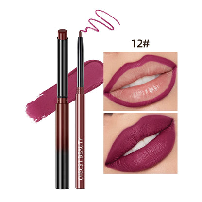 QIBEST 2pcs Lipstick Lipliner Pen Set Matte Velvet Lip Liner Pencil Contour Makeup Sexy Red Lip Stick Long Lasting Cosmetics