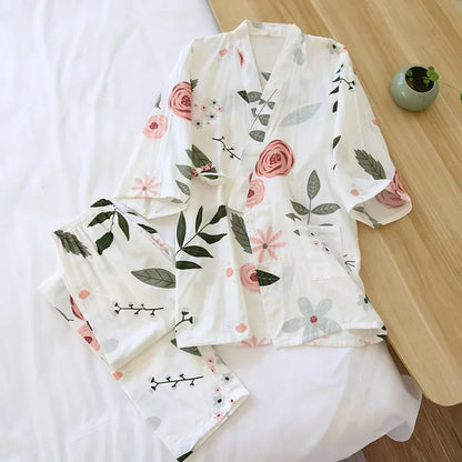 Seven-sleeve Japanese-style kimono pajamas set female spring and autumn 100% cotton gauze home clothes cute sweet two-p