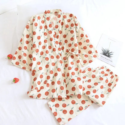 Seven-sleeve Japanese-style kimono pajamas set female spring and autumn 100% cotton gauze home clothes cute sweet two-p