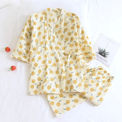 Seven-sleeve Japanese-style kimono pajamas set female spring and autumn 100% cotton gauze home clothes cute sweet two-p