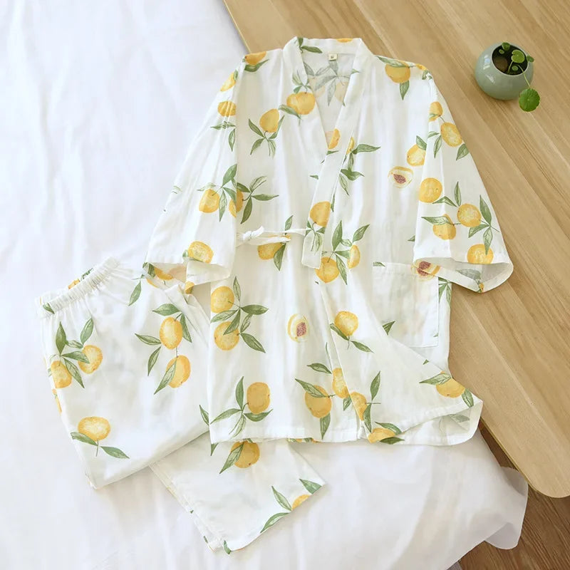 Seven-sleeve Japanese-style kimono pajamas set female spring and autumn 100% cotton gauze home clothes cute sweet two-p