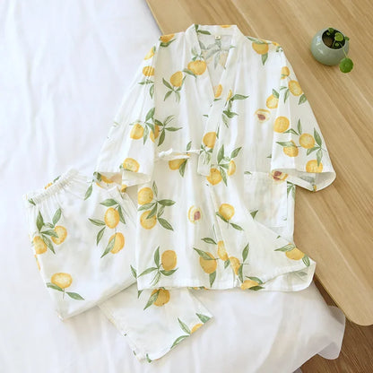 Seven-sleeve Japanese-style kimono pajamas set female spring and autumn 100% cotton gauze home clothes cute sweet two-p