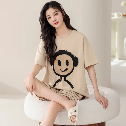 Women 100% Cotton High Quality Pajamas Short Sleeve Shorts Summer Pijamas Fashion Sleepwear Kawaii Bear Home Clothing Nightwear