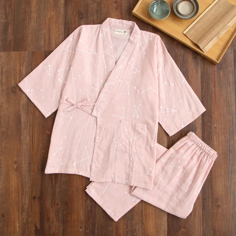 Seven-sleeve Japanese-style kimono pajamas set female spring and autumn 100% cotton gauze home clothes cute sweet two-p